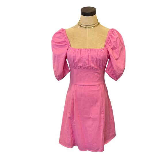 DIVIDED H&M Pink Puff sleeve Cotton/Linen Dress size XS - Picture 1 of 8